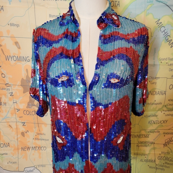 Vintage Silk Colorful Sequin & Beaded Short Sleeve Top - Picture 5 of 13
